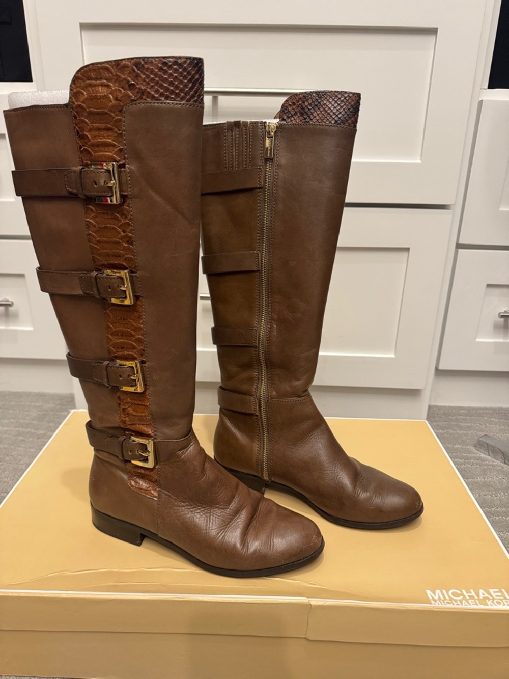 Michael Kors Tamara Leather Boots luggage color with box